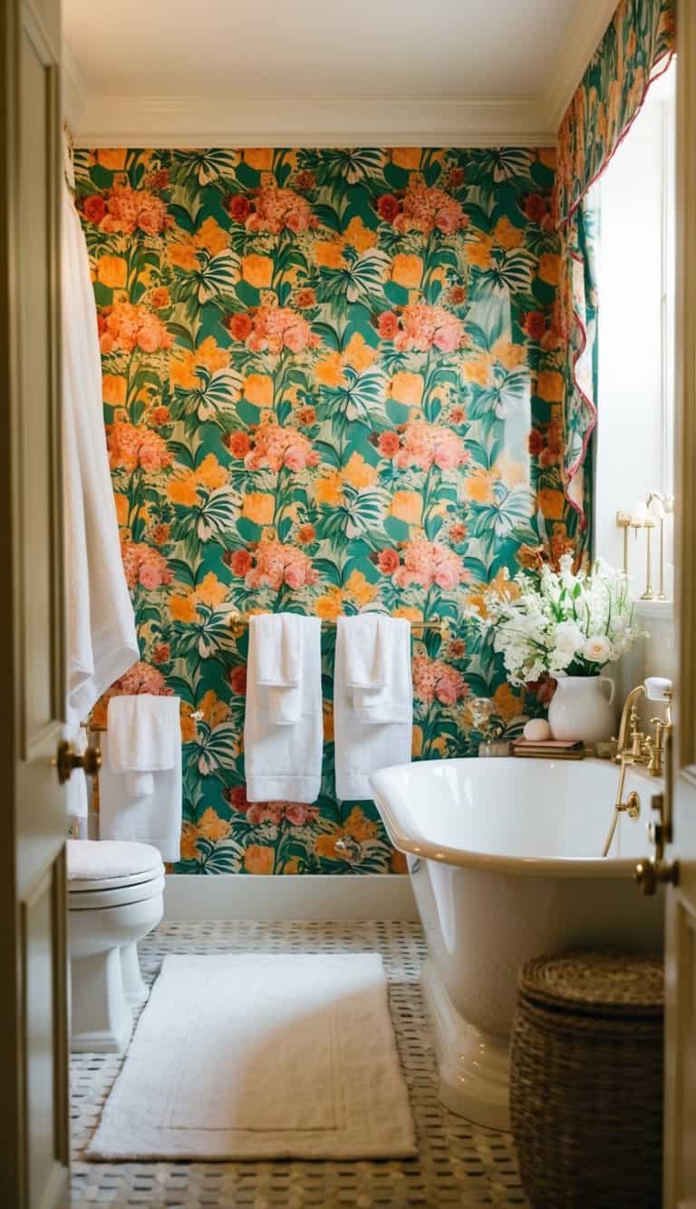 A luxurious bathroom filled with vibrant floral patterns, soft towels, and elegant bath linens