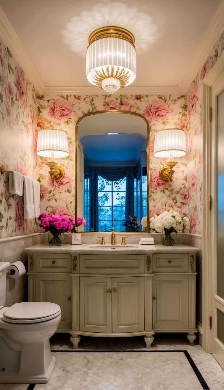 A luxurious bathroom with elegant petunia light fixtures illuminating a floral-themed space with stylish decor and blooming flowers