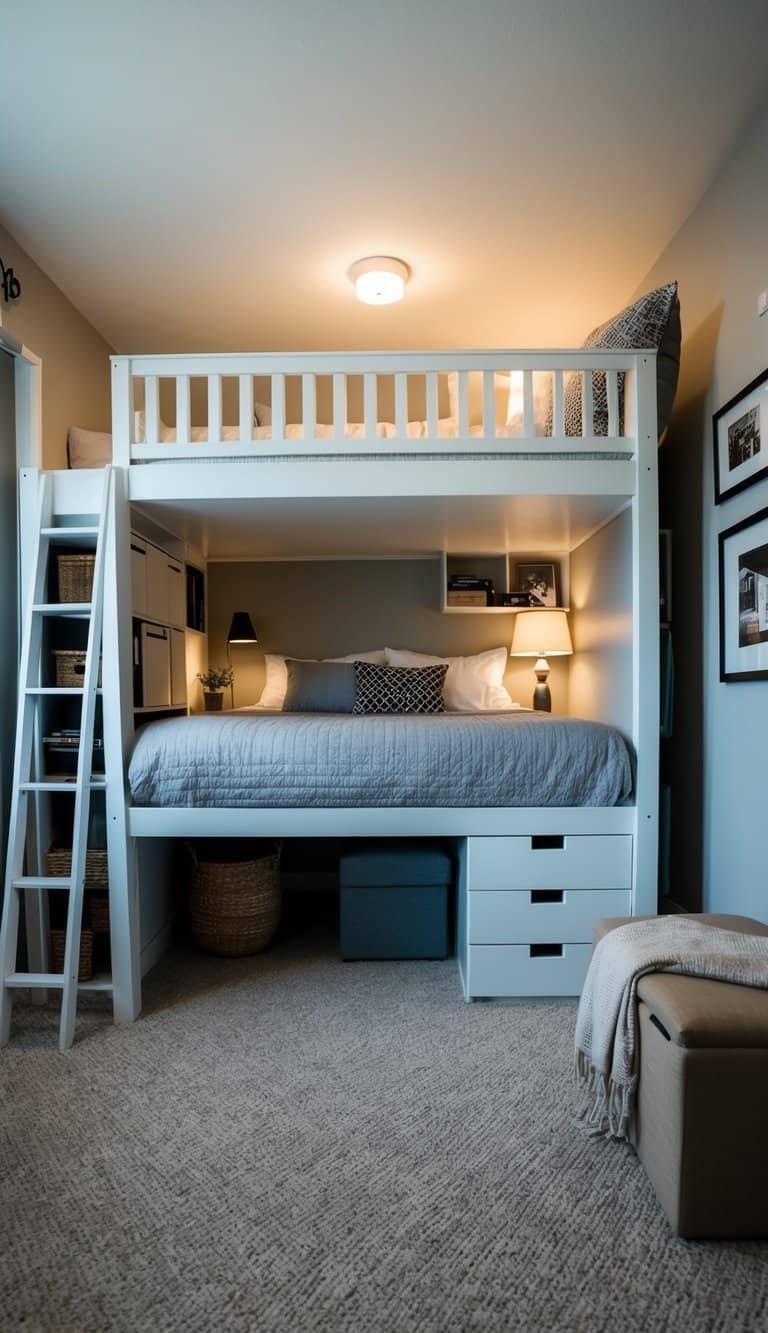 A square bedroom with clever layout solutions: loft bed, built-in storage, multipurpose furniture, and strategic placement of decor and lighting