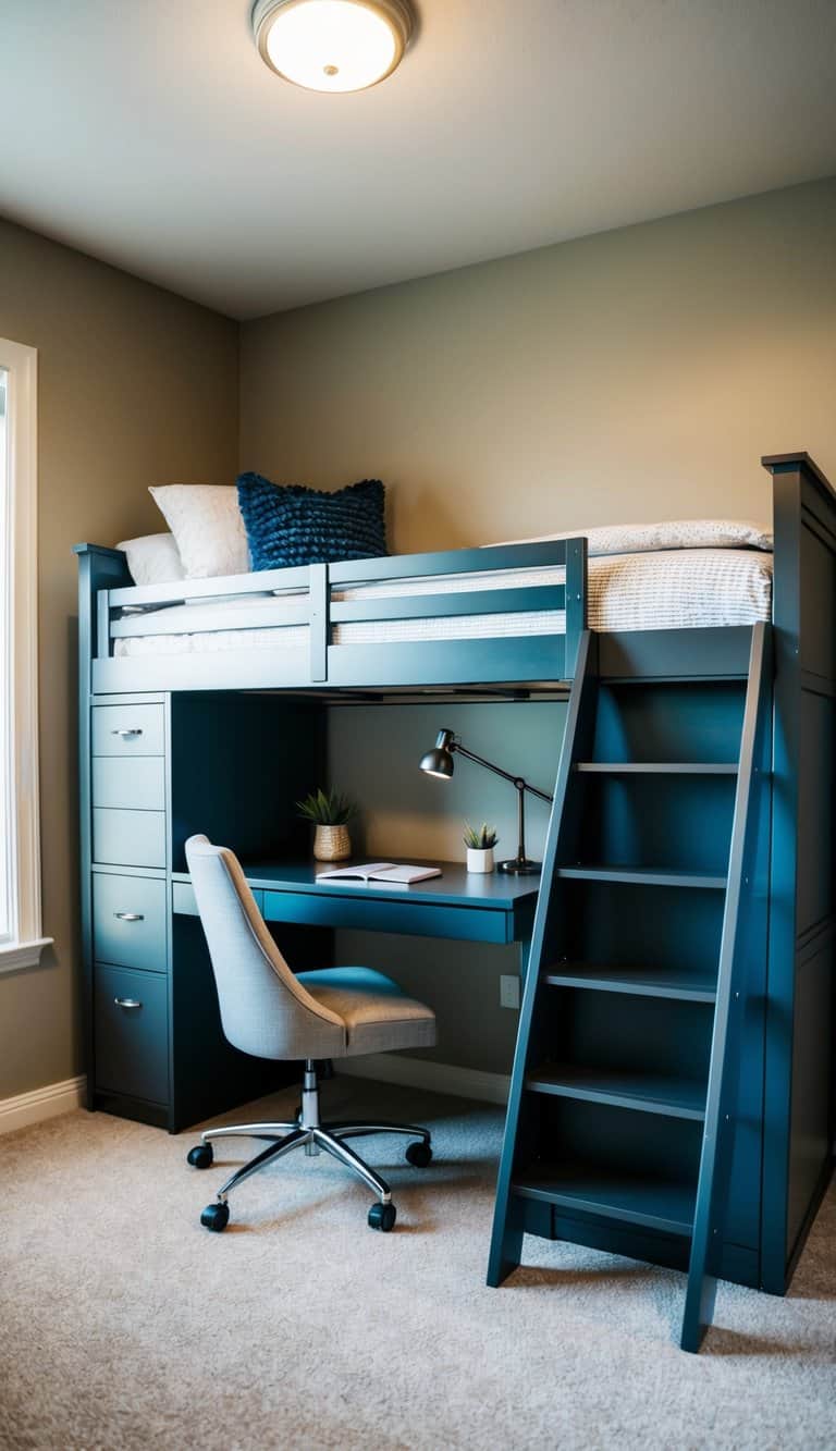 A loft bed sits above a desk and storage, maximizing space in a square bedroom