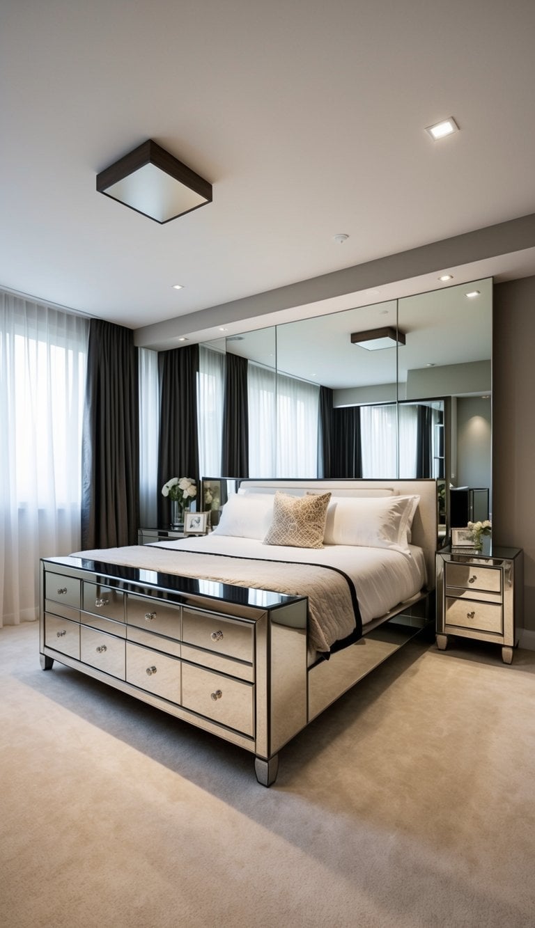 A square bedroom with mirrored furniture, maximizing space with clever layout and design