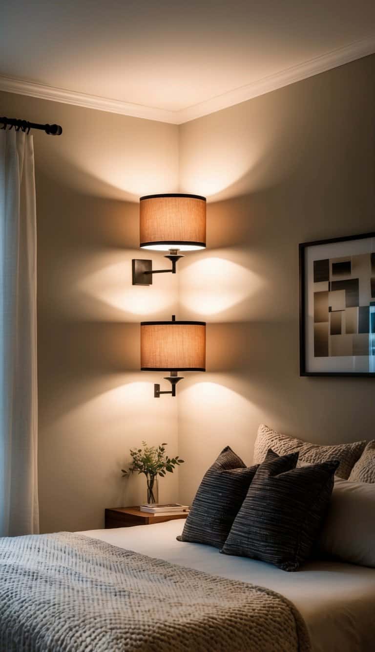 Two wall-mounted lamps illuminate a cozy square bedroom with a clever layout