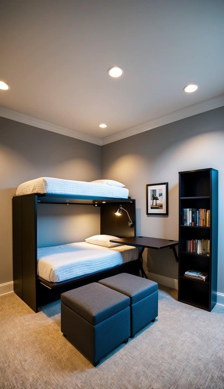 A bed transforms into a desk, while a storage ottoman doubles as a nightstand. A fold-out wall table serves as a workspace, and a bookshelf acts as a room divider