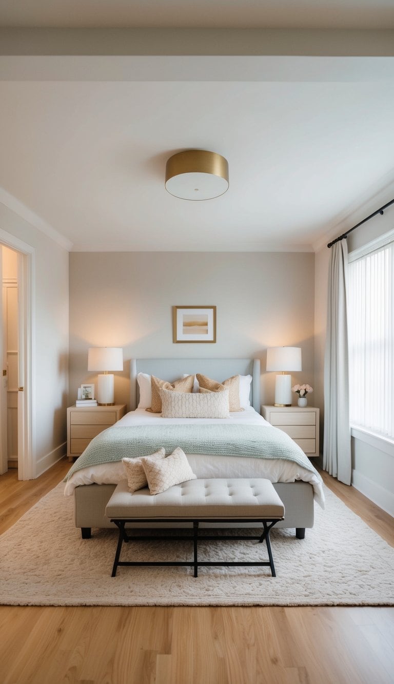 A cozy square bedroom with light-colored furniture and decor arranged in a clever and space-saving layout