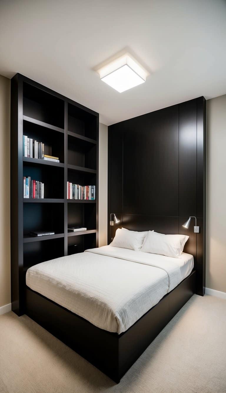 A square bedroom with built-in shelving units cleverly integrated into the walls, maximizing space and functionality