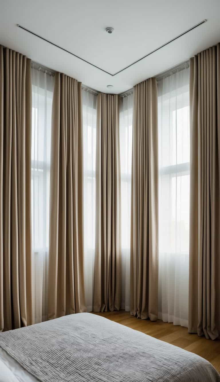 Curtains are hung high to the ceiling in a square bedroom, creating a sense of height and space