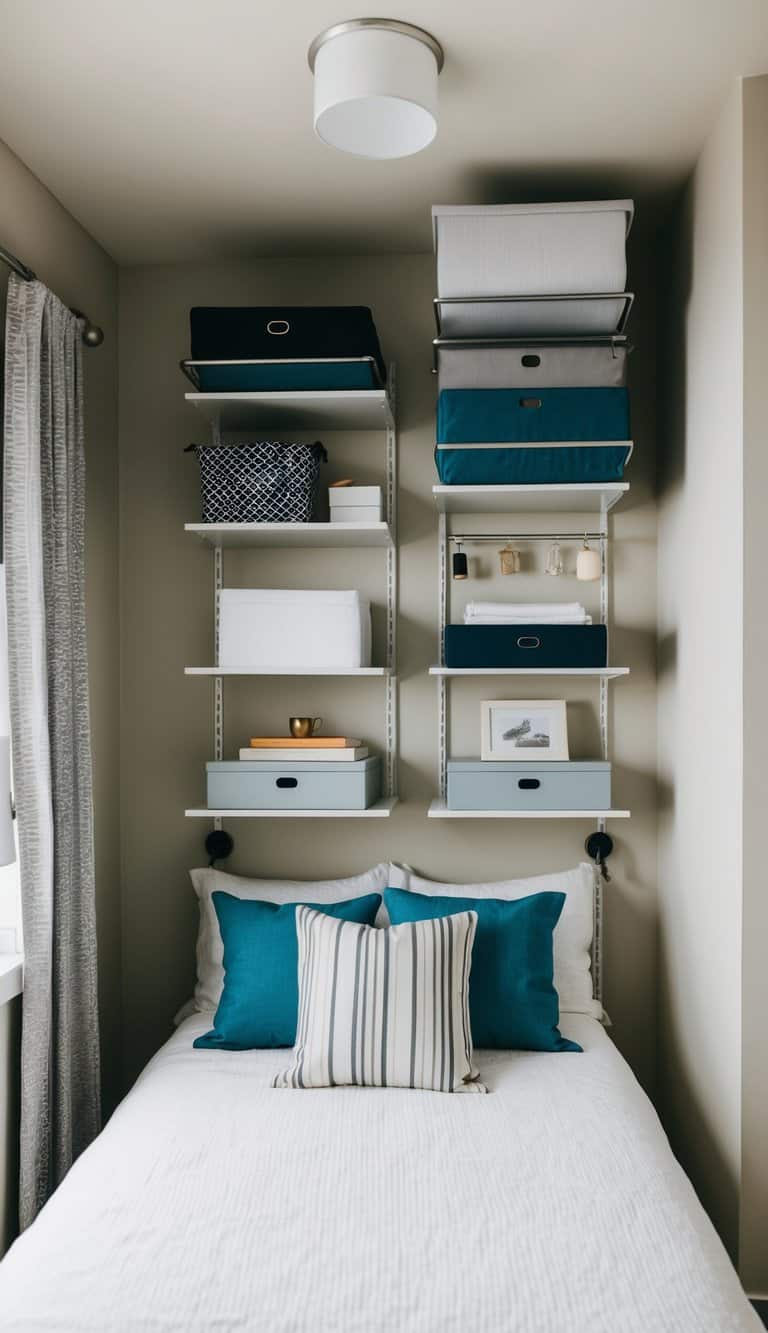 A small bedroom with vertical shelves, hanging organizers, and wall-mounted storage maximizing space