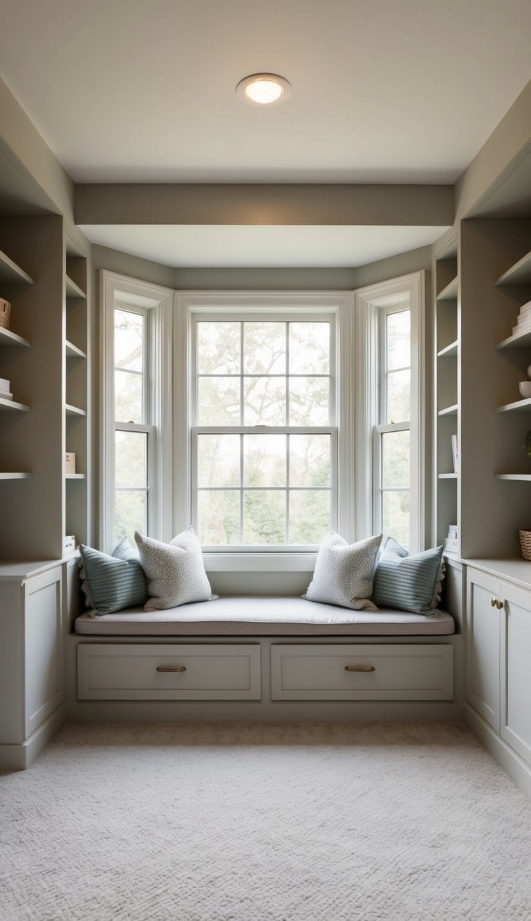 A cozy window seat with built-in storage, surrounded by shelves and soft cushions, nestled in a square bedroom layout
