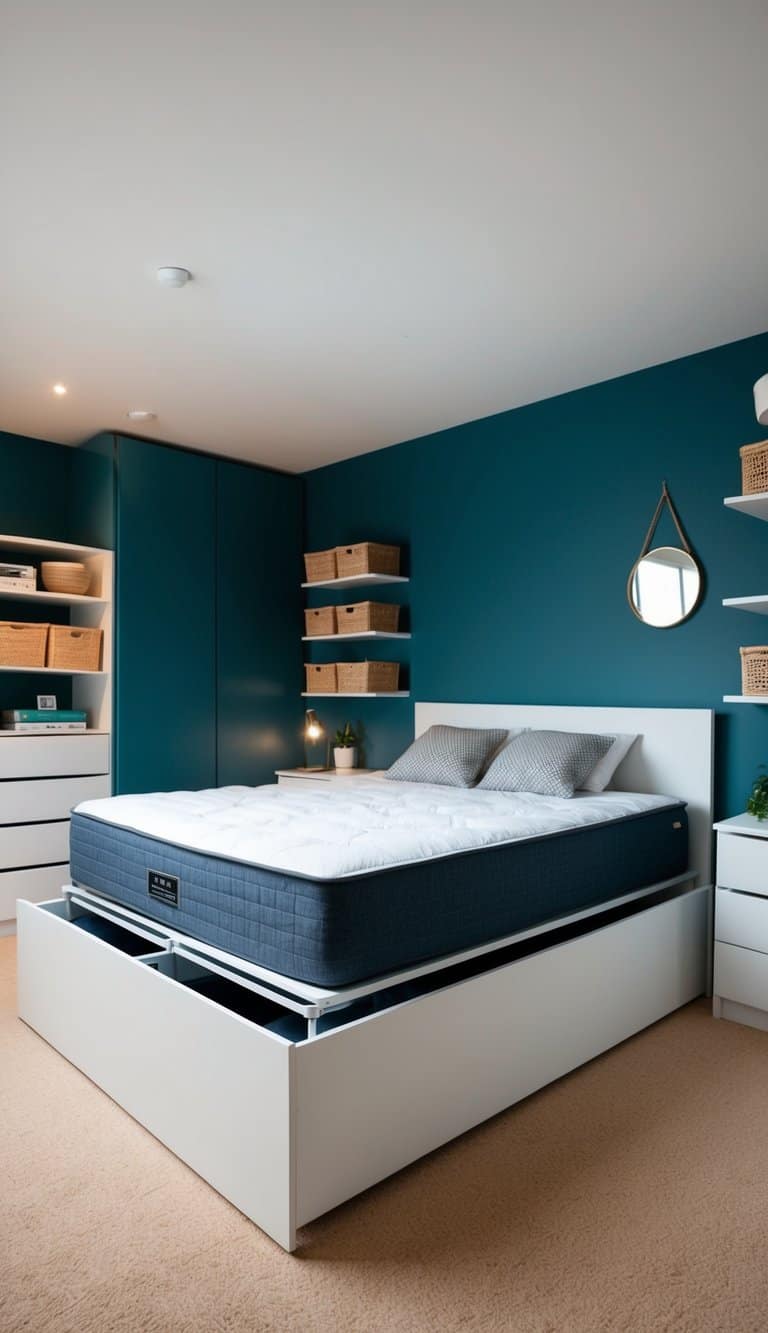 A bed with under-bed storage compartments, surrounded by shelves and hanging organizers, maximizing space in a square bedroom layout