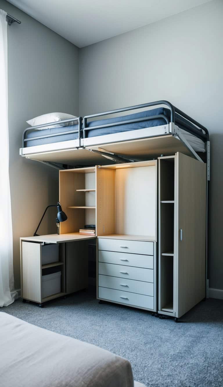 A small bedroom with foldable furniture maximizing space. Bed, desk, and storage units are all compact and easily folded away