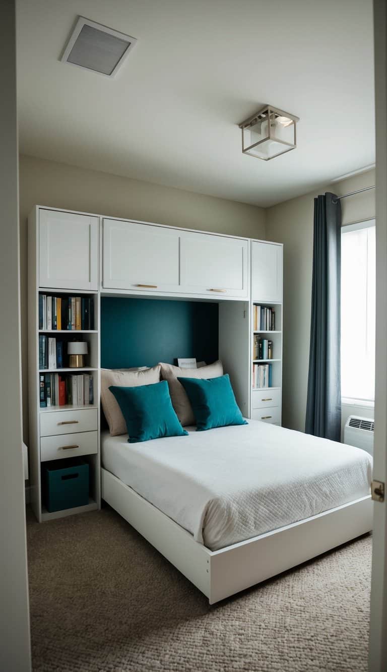 A small bedroom with a Murphy bed folded up against the wall, surrounded by clever storage solutions and space-saving furniture