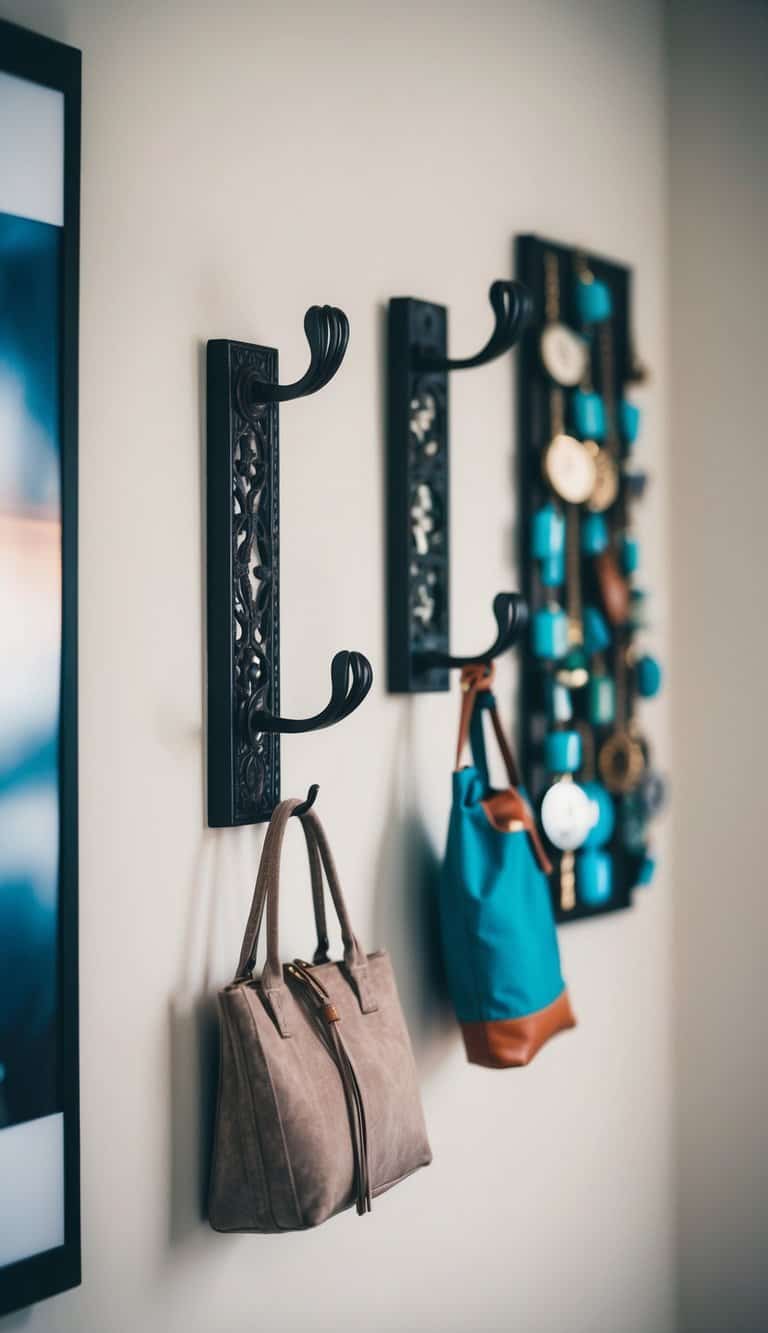 Decorative wall hooks hold various items in a square bedroom layout