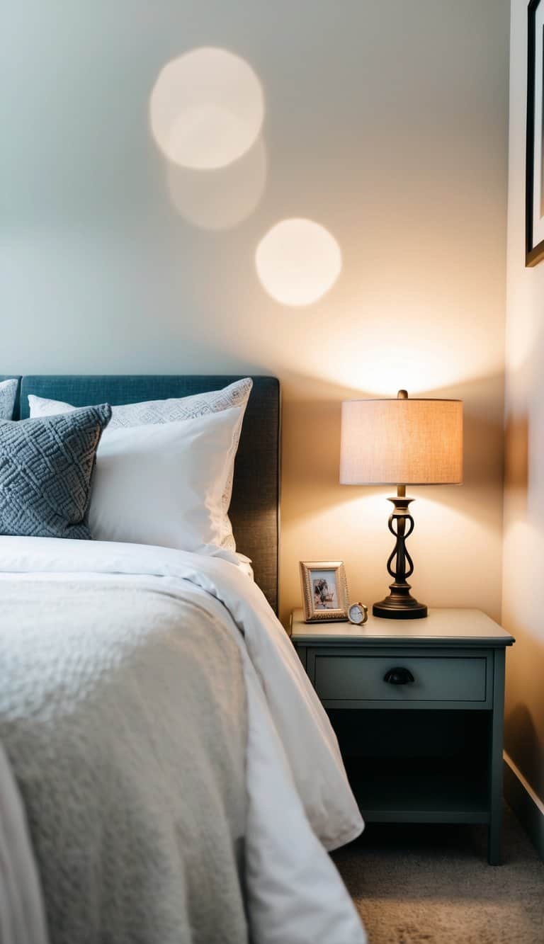 A cozy bed tucked into a corner with a bedside table and a reading lamp