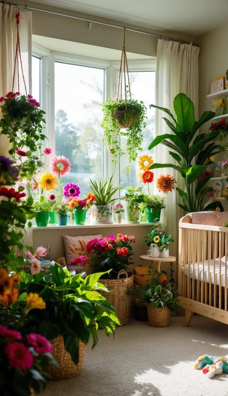 A cozy nursery room filled with colorful flowers, lush green plants, and whimsical garden-themed decor. Sunlight streams in through the window, creating a warm and inviting atmosphere