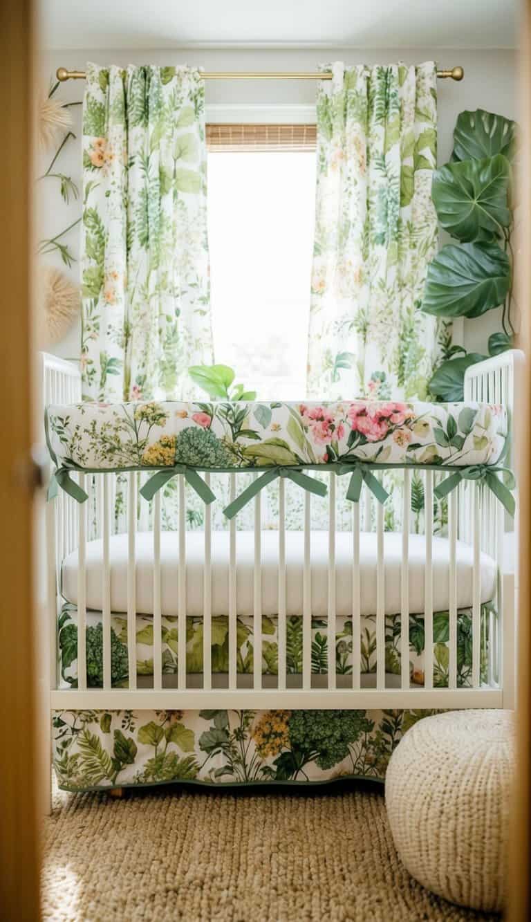 A cozy crib surrounded by garden-themed bedding, with floral patterns and nature-inspired colors. The room is filled with soft natural light and decorated with botanical elements