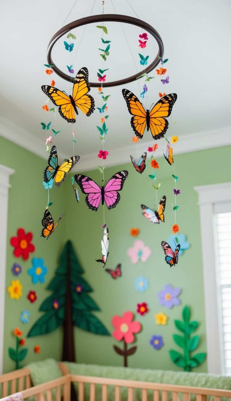 A colorful butterfly mobile hangs above a garden-themed nursery, with flowers, trees, and fluttering butterflies adorning the walls and decor
