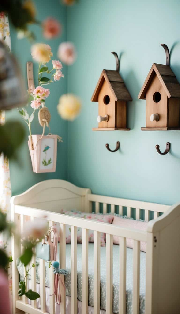 A cozy nursery with birdhouse wall hooks, surrounded by garden-themed decor and soft pastel colors
