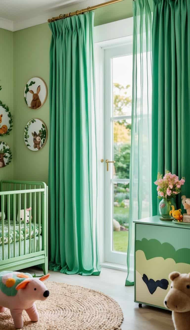 Lush green curtains frame a garden-themed nursery with soft pastel colors and whimsical animal decor