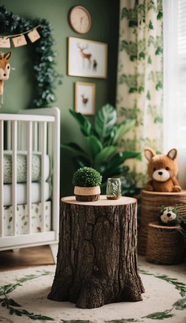 A tree stump side table sits in a garden-themed nursery room, surrounded by lush greenery and whimsical woodland decor