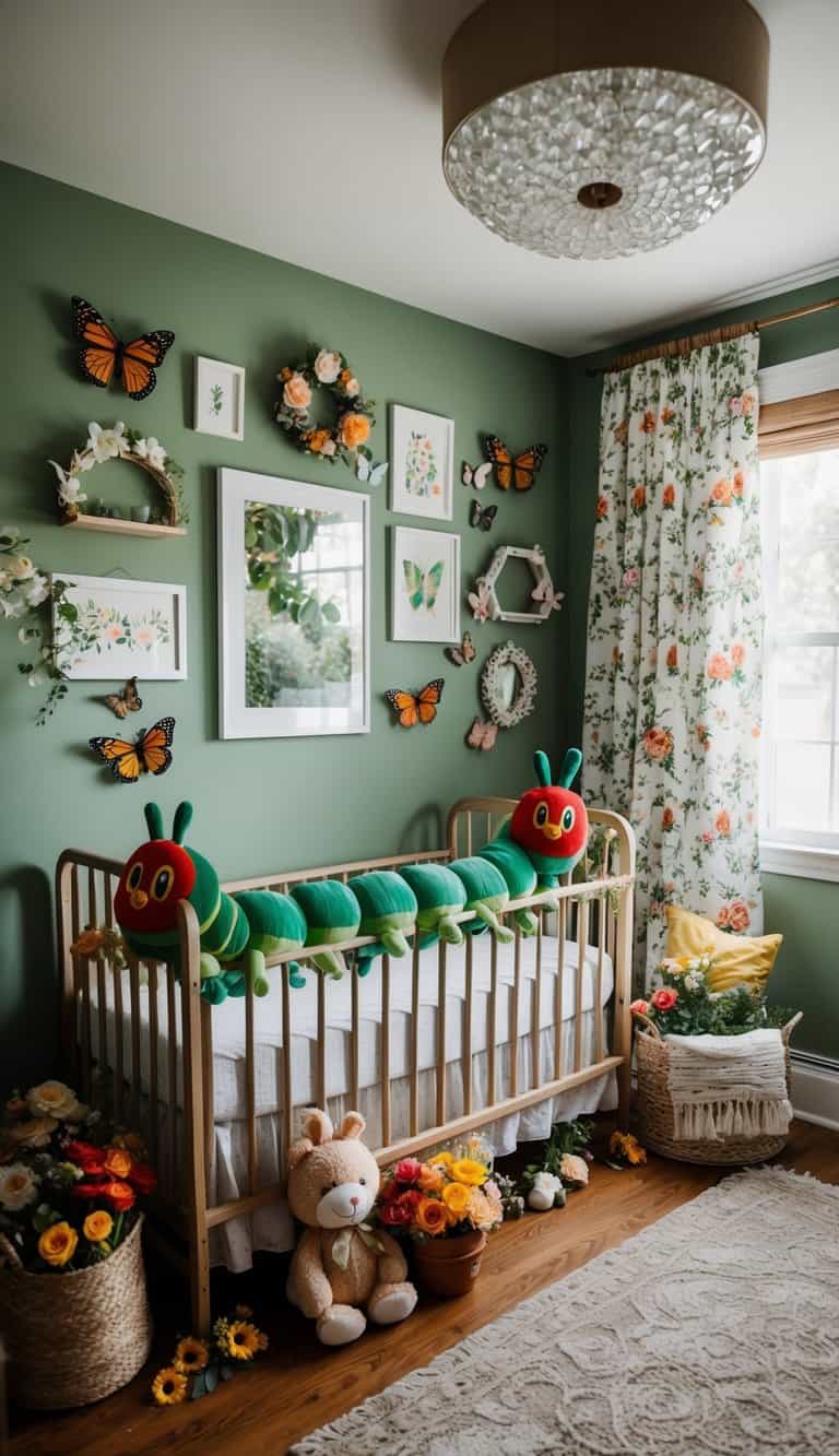 A cozy nursery with 25 garden-themed rooms, each adorned with a caterpillar plush toy nestled among flowers, butterflies, and other nature-inspired decor