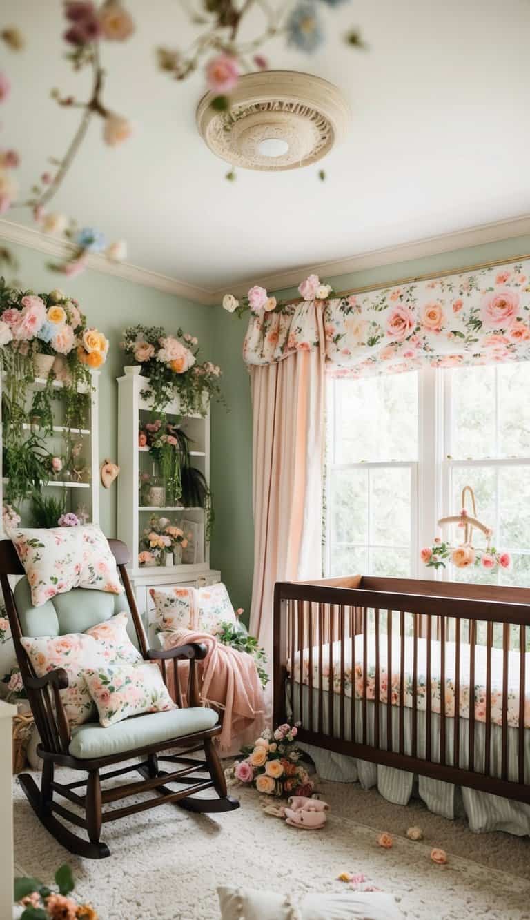 A cozy nursery with floral throw pillows scattered on a rocking chair and a crib, surrounded by garden-themed decor and soft pastel colors