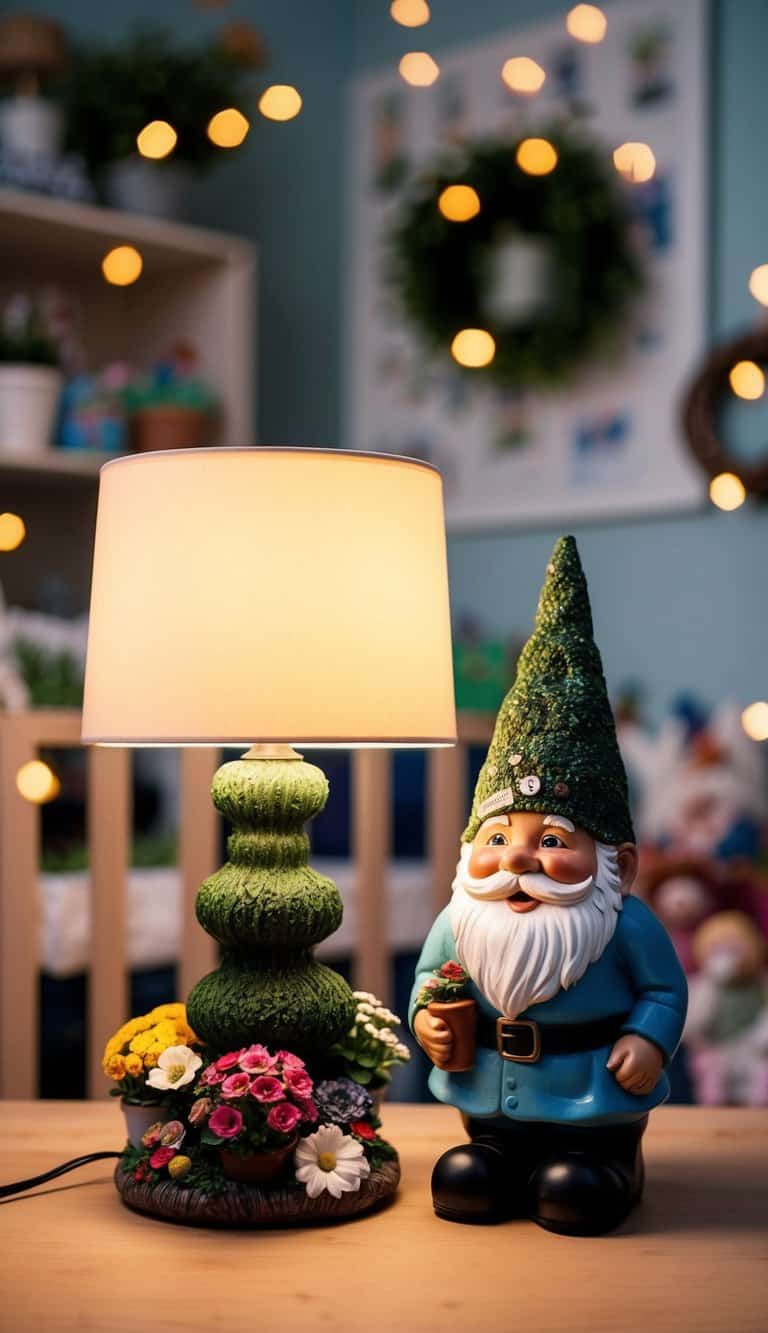 A garden gnome lamp illuminates a cozy nursery filled with garden-themed decor
