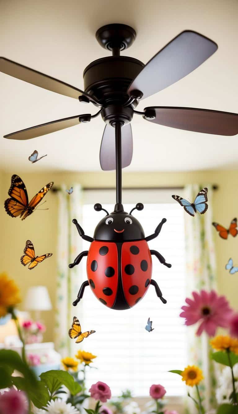 A ladybug-shaped ceiling fan pull hangs in 25 garden-themed nursery rooms, surrounded by blooming flowers and fluttering butterflies