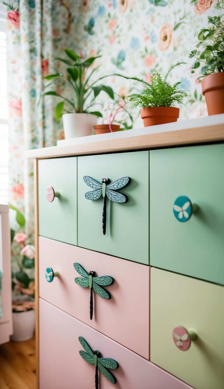 Dragonfly drawer knobs adorn pastel-colored nursery drawers in a garden-themed room with floral wallpaper and potted plants