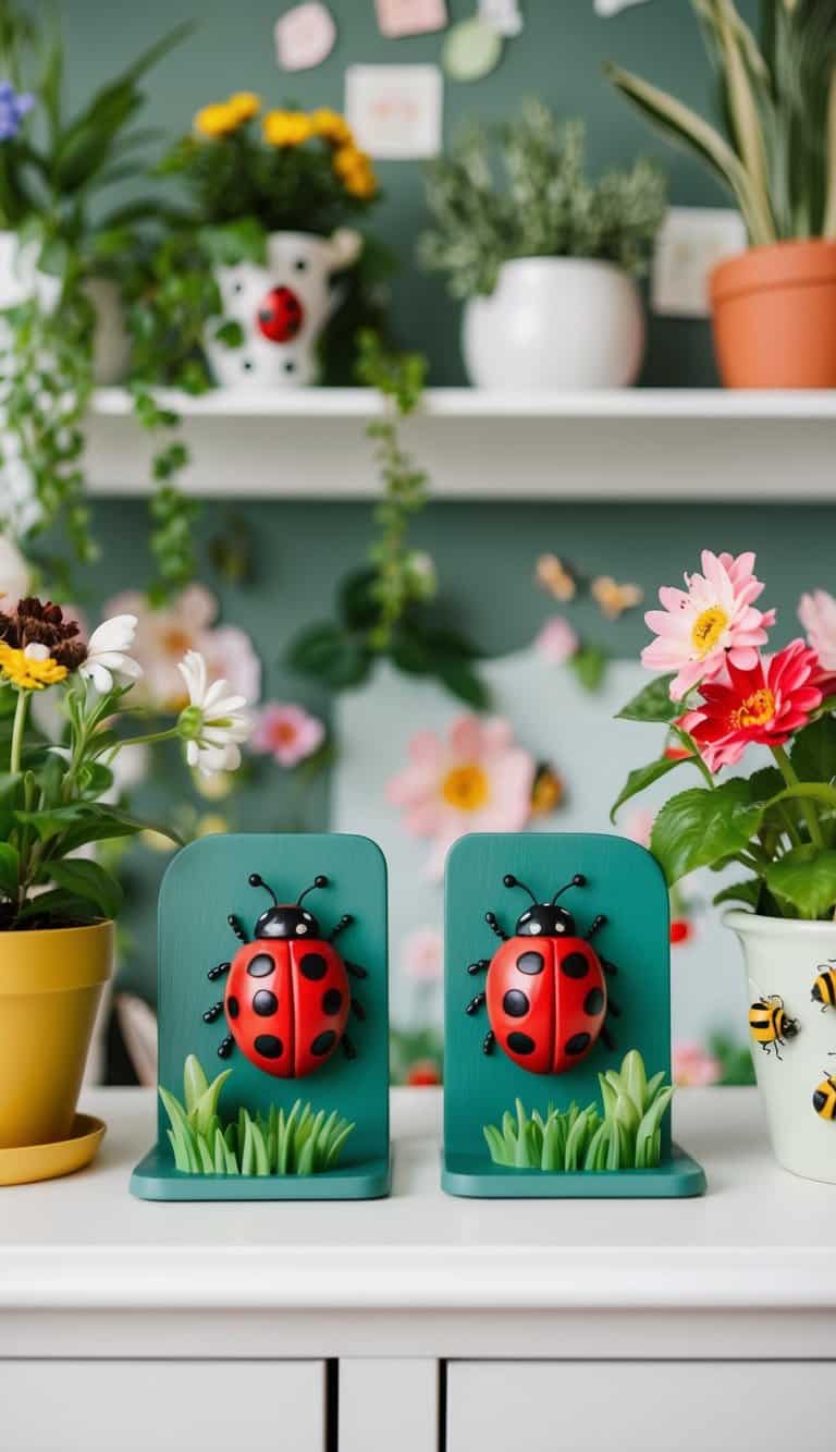 A garden-themed nursery with ladybug and bee bookends on a shelf. Flowers, plants, and nature-themed decor fill the room