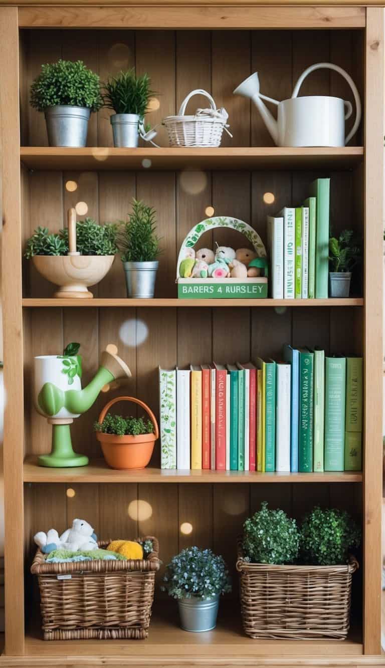 A natural wood bookshelf filled with garden-themed nursery items