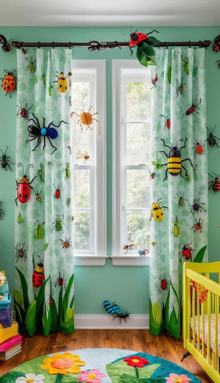 A bug-themed curtain rod hangs in a garden-themed nursery room, surrounded by colorful flowers, insects, and whimsical garden creatures