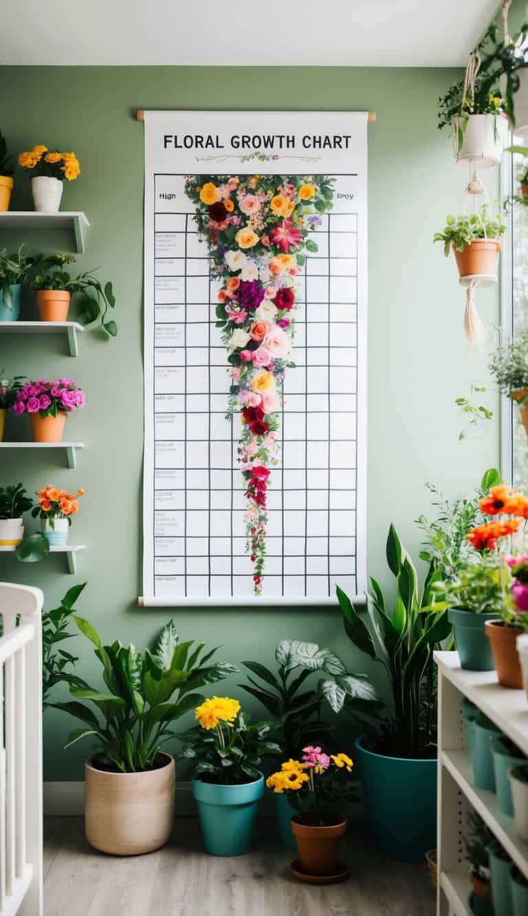 A garden-themed nursery with a floral growth chart on the wall, surrounded by potted plants and colorful flowers