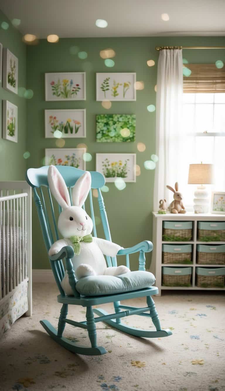 A bunny-themed rocking chair surrounded by 25 garden-themed nursery rooms