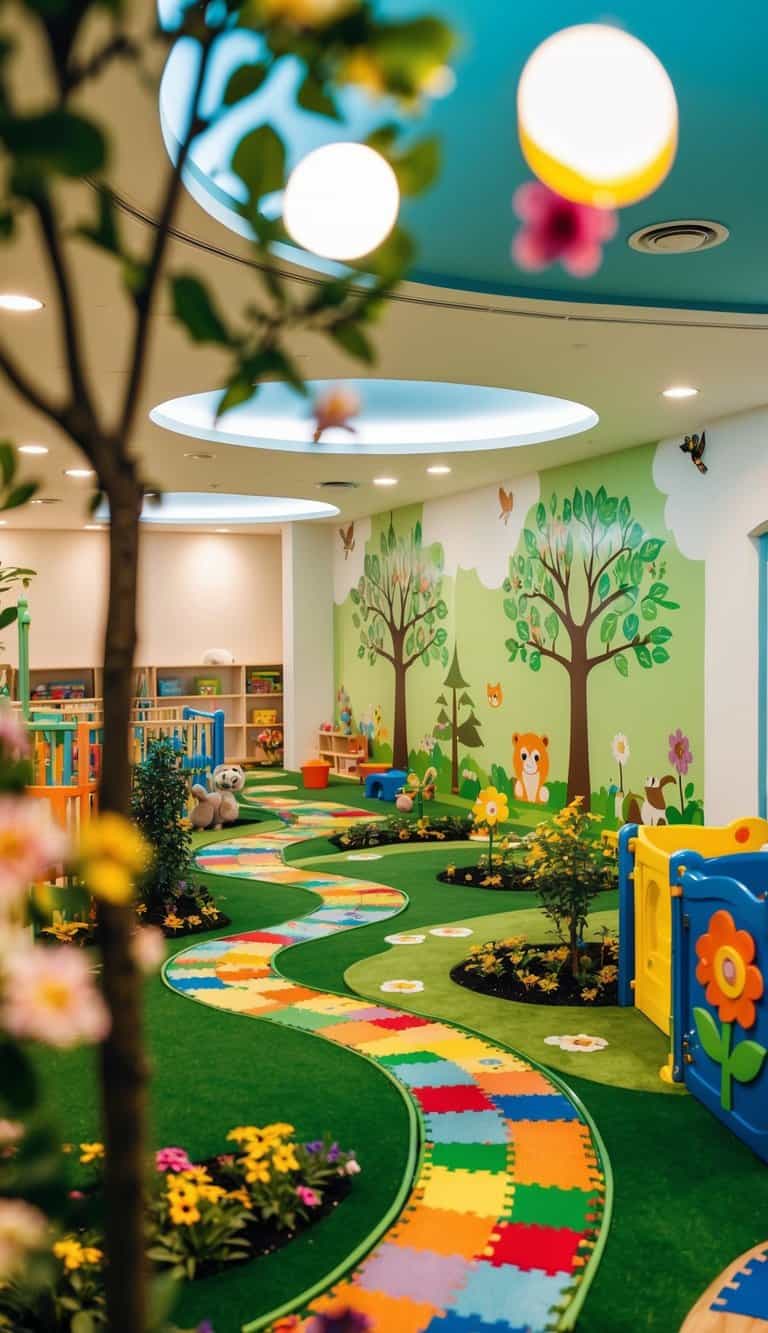 A winding garden path leads through 25 nursery rooms, each with a different garden theme. Flowers, trees, and animals fill the colorful playmat