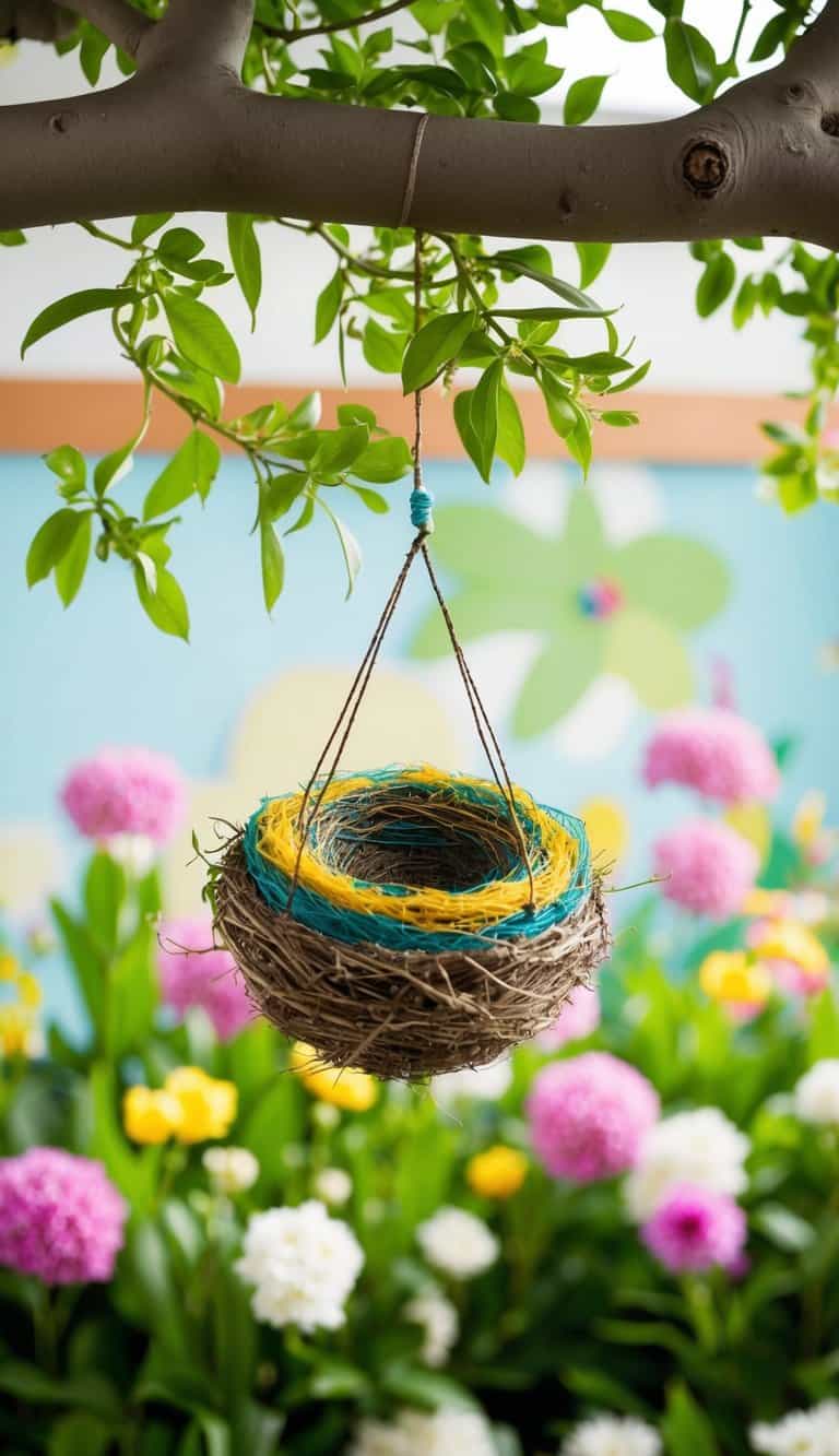 A colorful bird's nest hangs on a tree branch against a backdrop of blooming flowers and lush greenery in a garden-themed nursery room