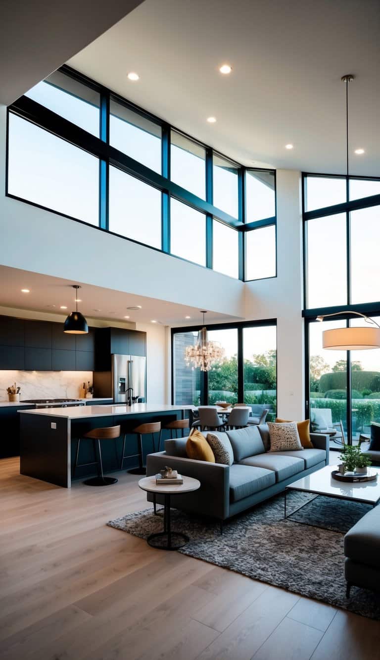 An open-concept kitchen and living room with modern decor, sleek furniture, and ample natural light streaming in through large windows
