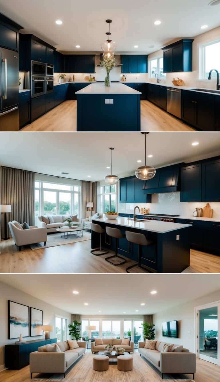 A spacious kitchen and living room blend seamlessly, with sleek modern appliances and cozy furniture, maximizing space and creating a welcoming atmosphere