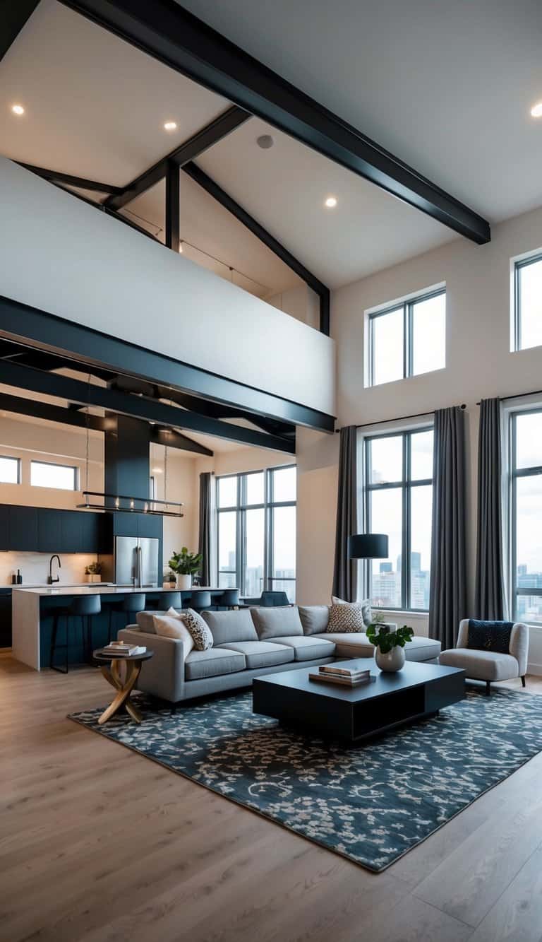 A spacious, open-concept living area with a modern kitchen and stylish decor. High ceilings, exposed beams, and large windows create a loft-style ambiance