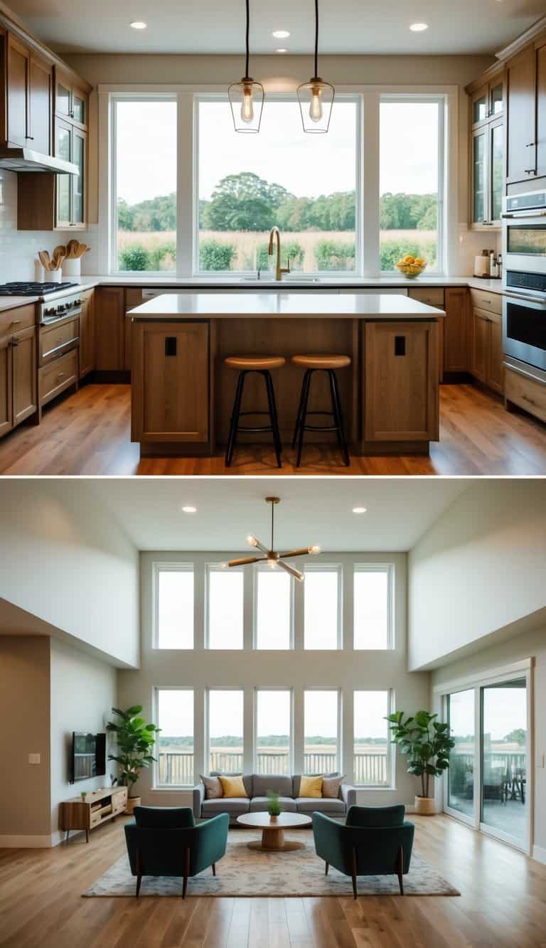 A spacious kitchen and living room combo with large windows allowing natural light to flood the open space, maximizing the feeling of airiness and warmth