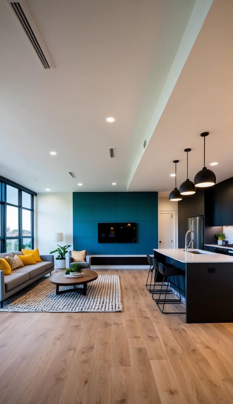 A spacious open-concept kitchen and living room with a bold accent wall separating the two areas. The modern design maximizes space and creates a stylish, functional environment