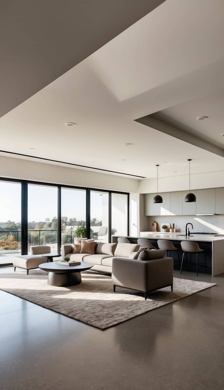 A spacious, open-concept kitchen and living room combo with modern furniture, neutral color palette, and natural light streaming in through large windows