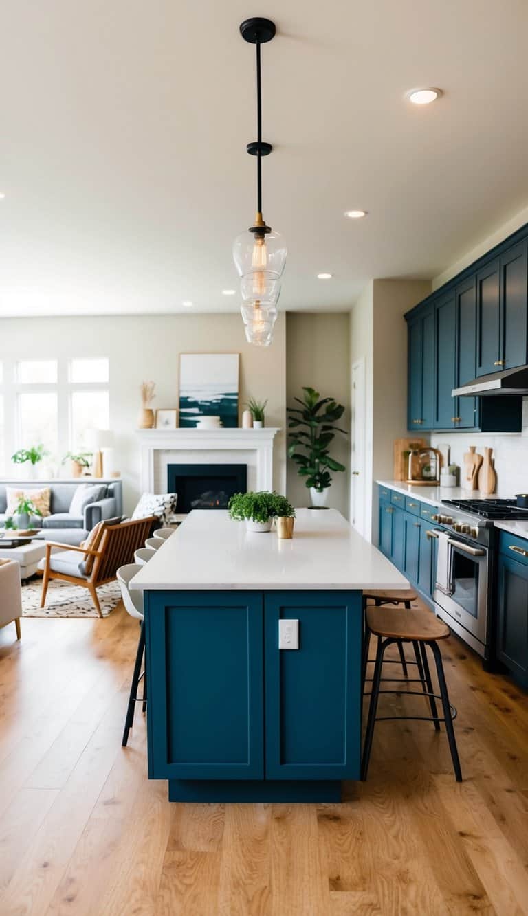 A compact kitchen island sits at the center of a cozy open living space, surrounded by stylish and functional kitchen and living room elements