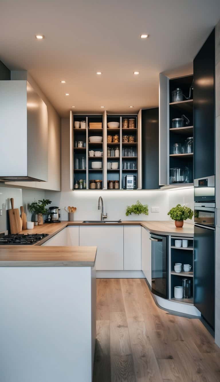 A kitchen and living room seamlessly blend with vertical storage solutions maximizing space