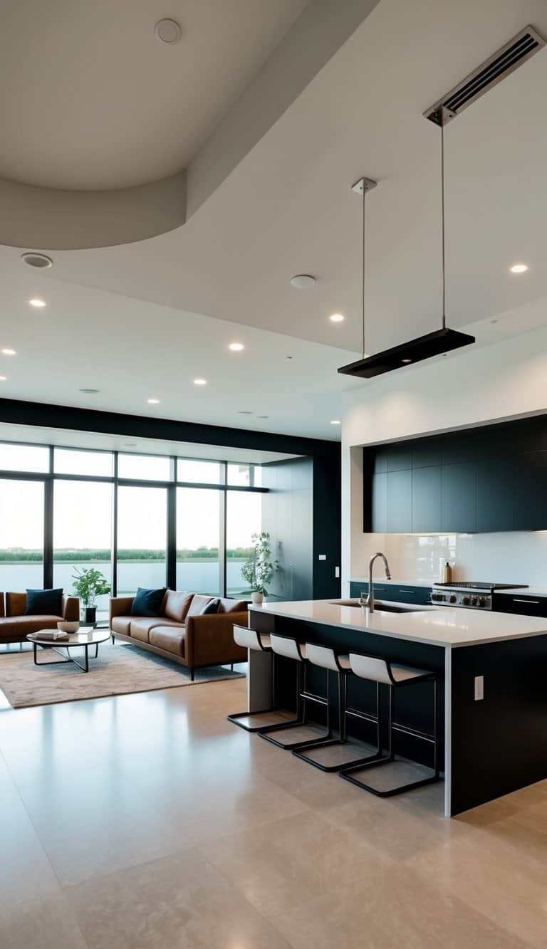 A spacious kitchen and living room combo with sleek modern design, open layout, and plenty of natural light