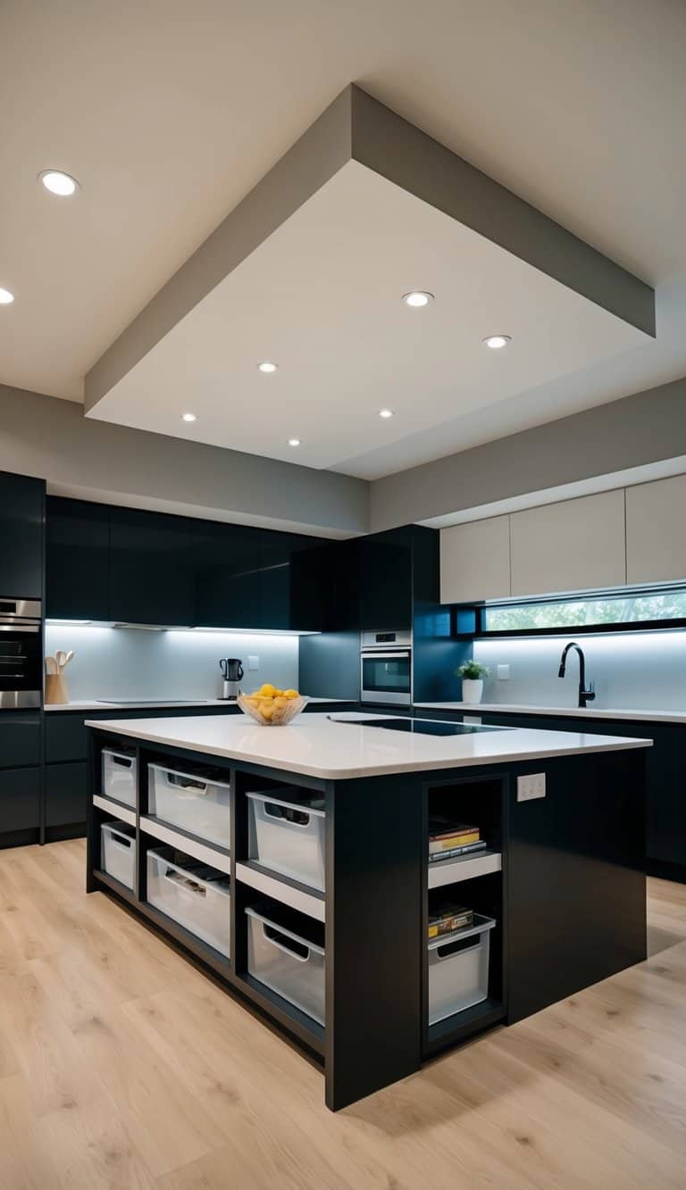 A kitchen living room combo with hidden storage compartments under a sleek, modern island and built-in shelves maximizing space