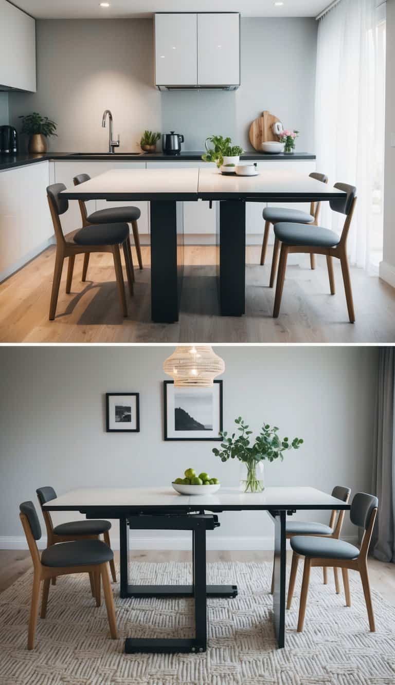 A convertible dining table seamlessly transitions from kitchen to living room in a modern, space-maximizing design
