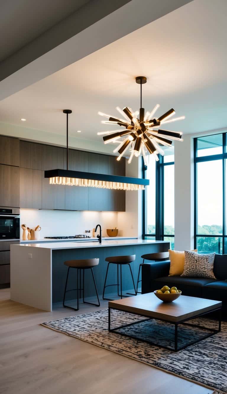 A modern kitchen and living room combo with a striking statement lighting fixture as the focal point. The open space maximizes natural light and creates a seamless flow between the two areas