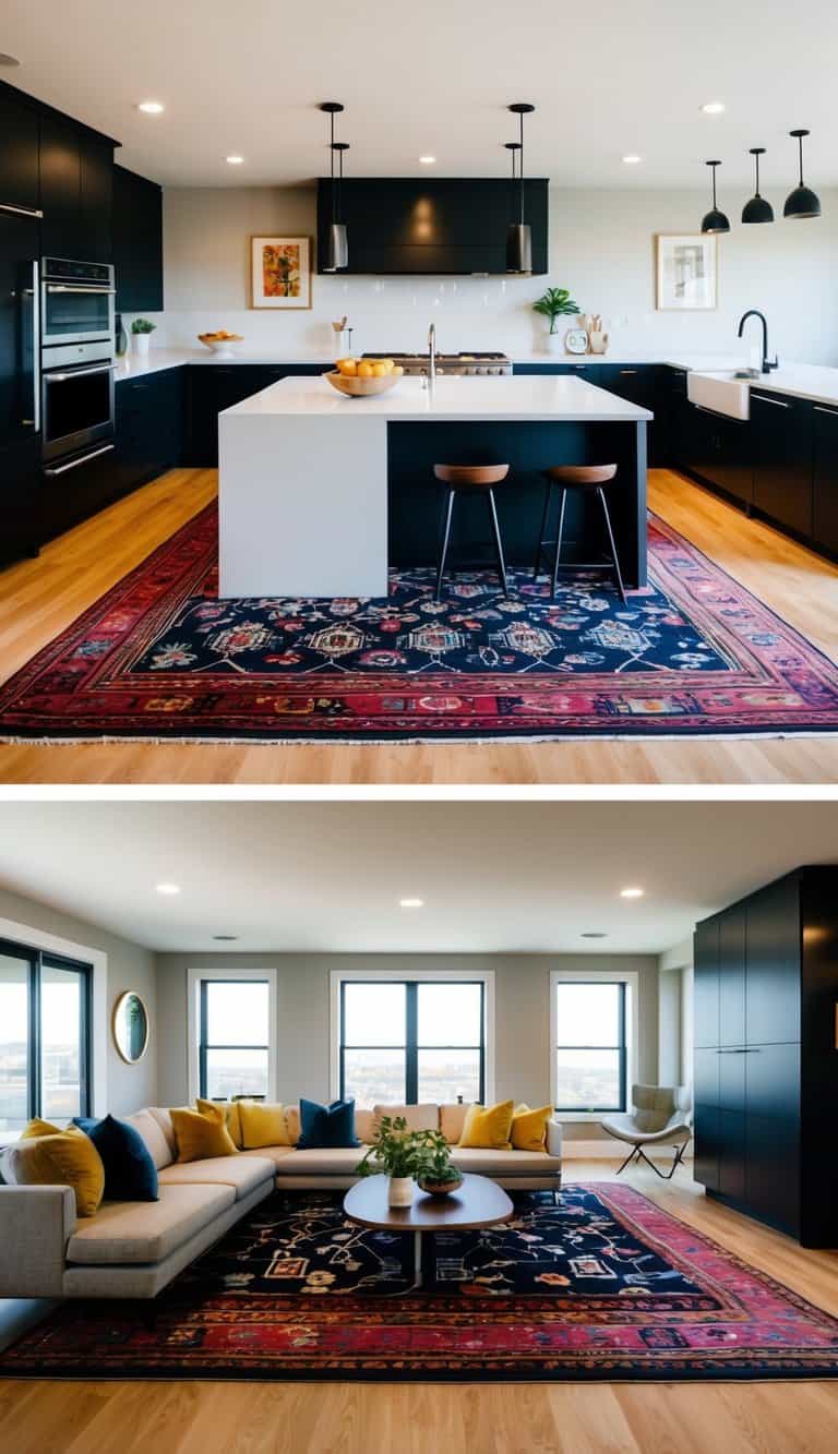 A spacious kitchen and living room combo with bold rugs defining separate zones. The kitchen area features modern appliances and a large island, while the living room is furnished with comfortable seating and a stylish coffee table