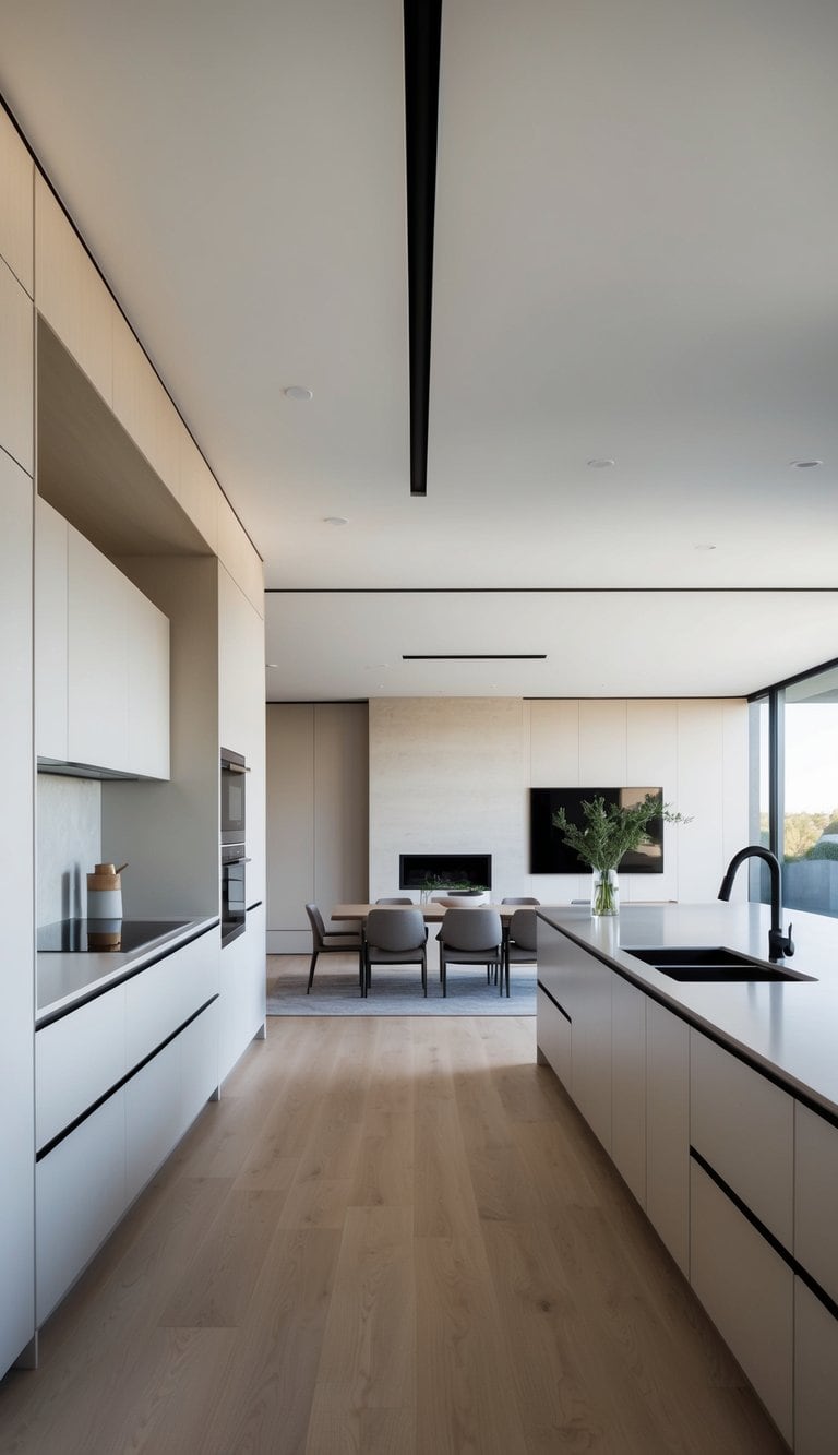 A sleek, open-concept space with clean lines and neutral tones. The kitchen seamlessly transitions into the living area, maximizing the use of space