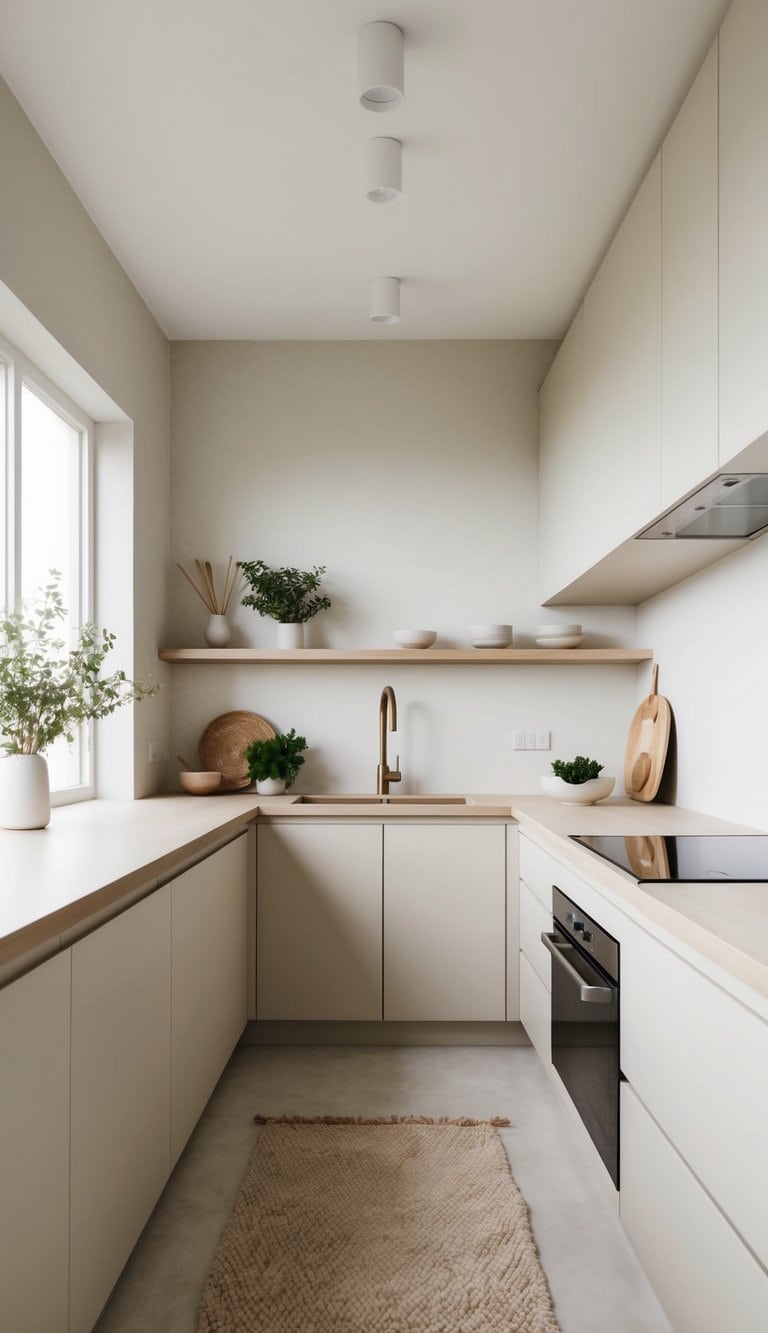 A modern, minimalist kitchen with clean lines, neutral colors, and natural materials. Zen-inspired decor and a serene ambiance